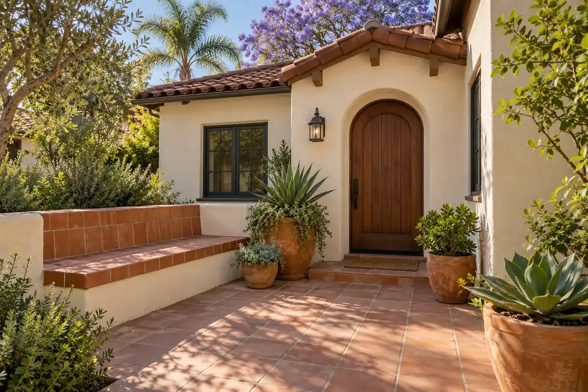 The closed front door and courtyard of a Spanish-style house