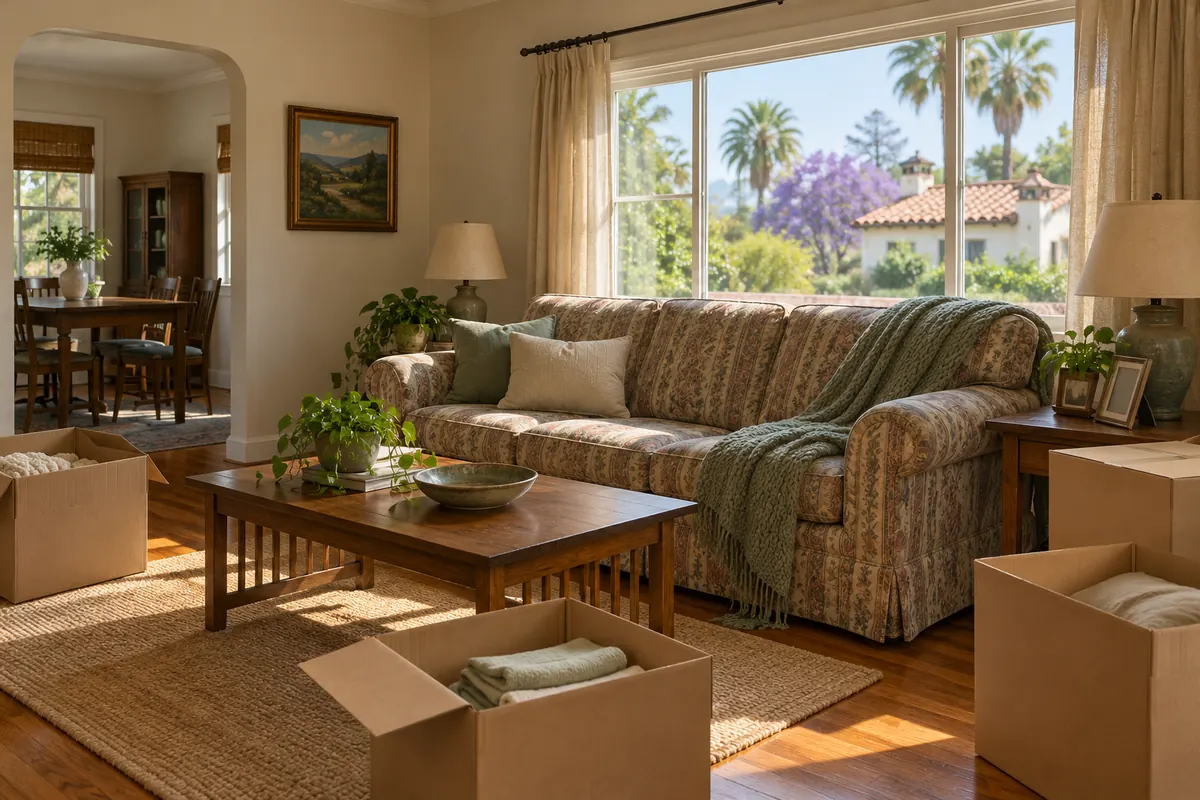 Living room of an older family home with a few packed boxes