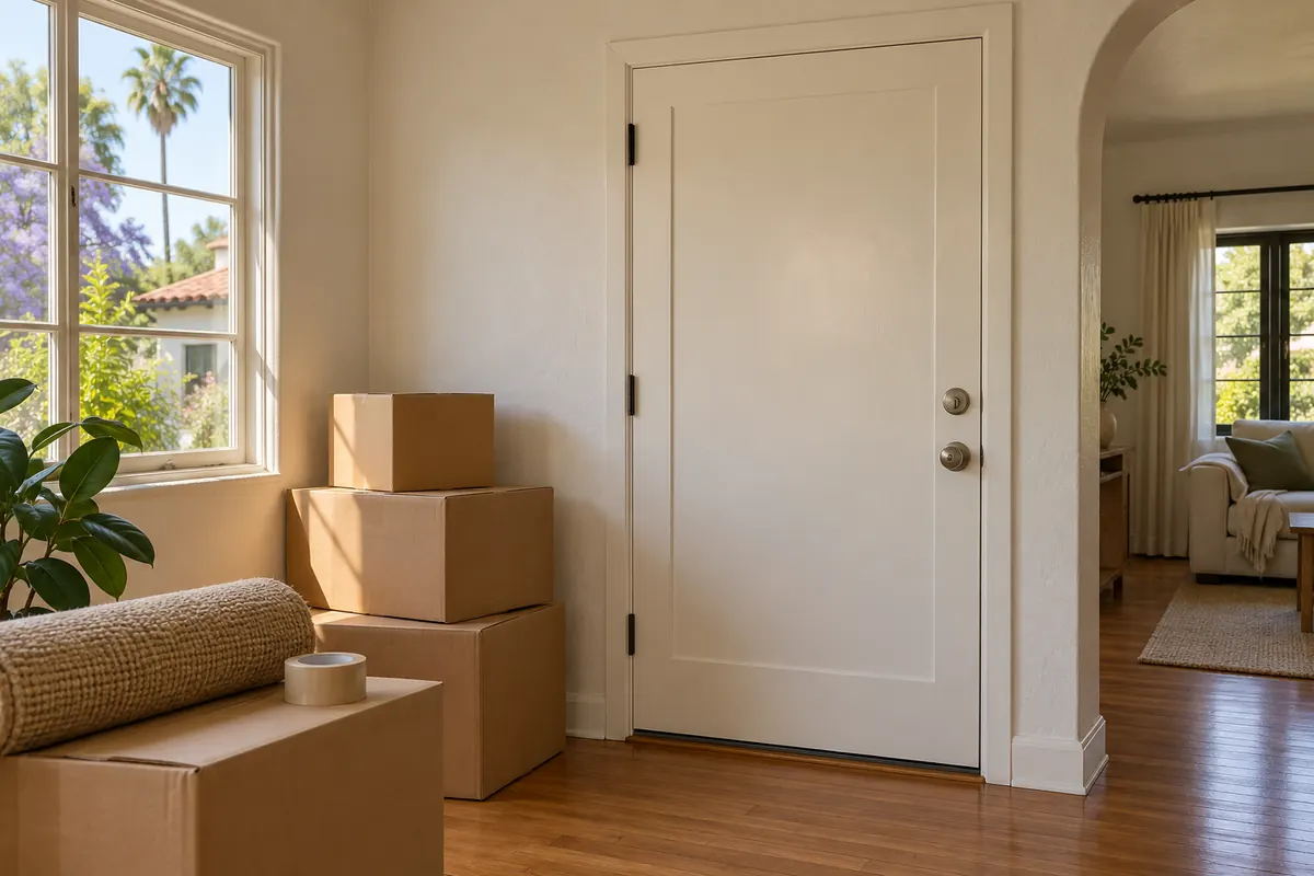 Moving boxes stacked by the front door of a house