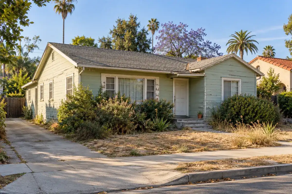 A house with peeling paint and worn roof shingles that needs repairs